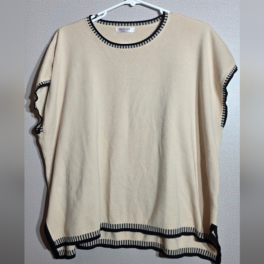 Women's Cream and Black Knit Poncho